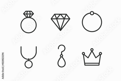 Minimalist jewelry line art: rings, diamond, necklace, earring, crown