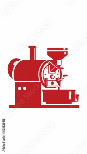Red graphic illustration of a vintage industrial coffee roasting machine with a hopper and cooling tray.
