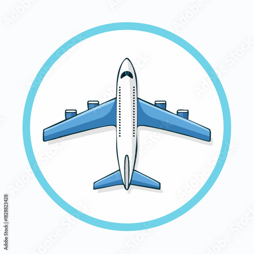 Blue airplane icon in a circle, top view illustration. Perfect for travel, aviation, and flight-related designs