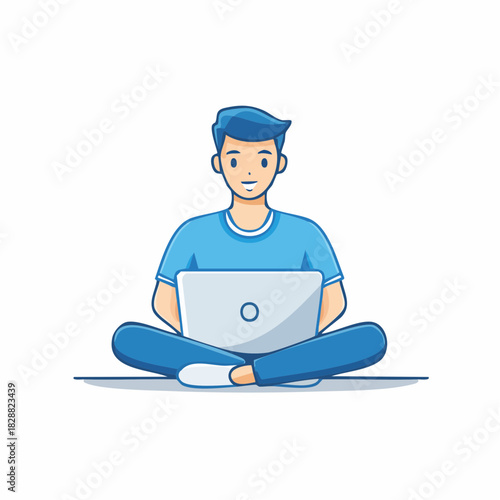 Modern illustration of a young man comfortably working on his laptop, representing the growing trend of remote work and digital independence, fostering productivity
