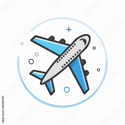 An icon of a blue and white airplane in flight, symbolizing travel, aviation, and journeys, with abstract graphic elements