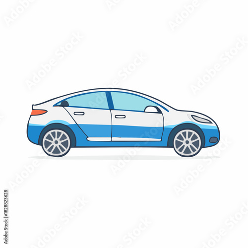 A dynamic, modern, and clean illustration of a sleek electric vehicle with a two-tone blue and white finish, showcasing its aerodynamic design and futuristic appeal