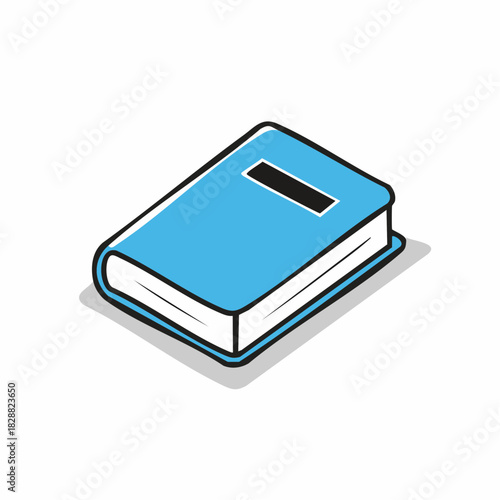 A closed blue book with a black rectangle on the cover, depicted in an isometric view against a white background, symbolizing knowledge and learning