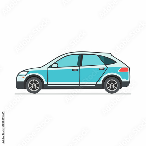 A modern light blue hatchback car seen from the side, isolated on a white background, perfect for automotive concepts or design showcases