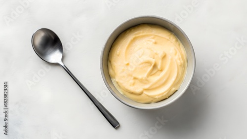 Creamy Yellow Dessert In A Bowl With Spoon On White Tabletop