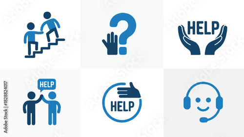 Set of Minimalist Support Icons Helping Hand, Question, Help, and Customer Service