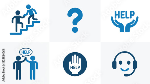 A set of six blue icons illustrating support, assistance, and frequently asked questions with diverse themes