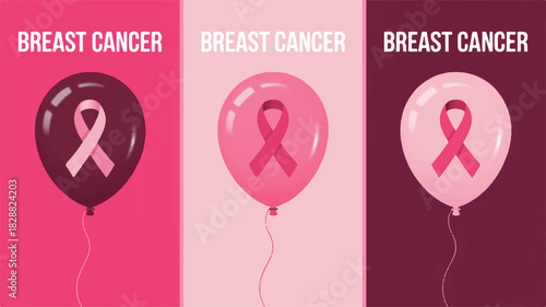 A collection of three vertical banners featuring pink ribbon balloons symbolizing hope and support during breast cancer awareness month