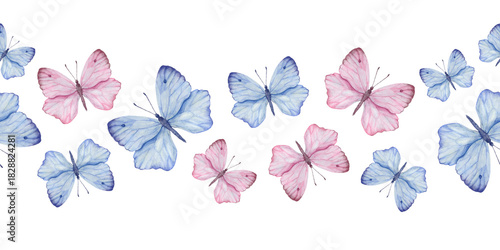 Seamless horizontal border with fluttering blue and pink butterflies. Watercolor illustration for fabric, gift wrapping, printing.