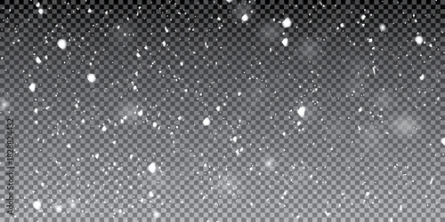 Falling snow particles blurred in motion on dark transparent background. Christmas snow dust. Vector illustration. 
