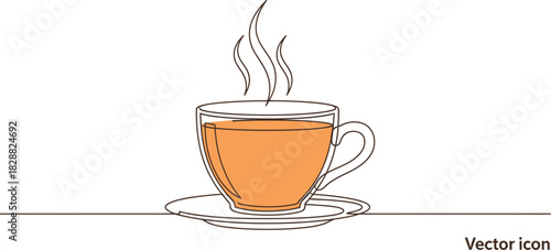 Steaming cup of tea illustration in a minimalist line art style on white background