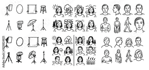 Diverse portraits and photo equipment sketch
