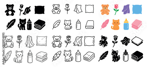Cute baby icons: bears, bottles, roses