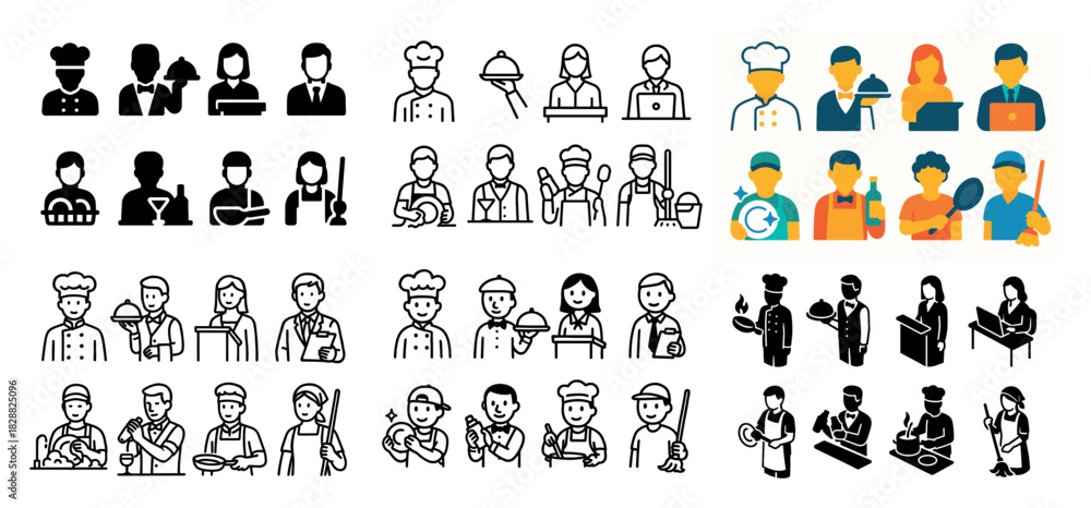 Obraz premium Diverse chefs and restaurant staff icons