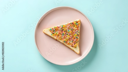 Fairy Bread Slice On Pink Plate With Pastel Blue Background And Sprinkles
