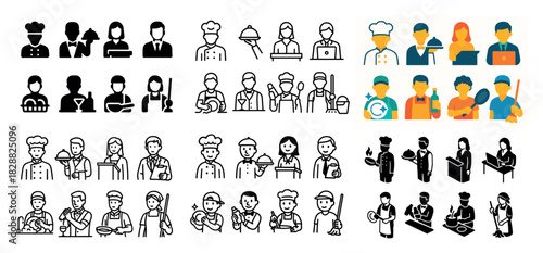 Diverse chefs and restaurant staff icons