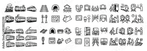 Train travel icons set: rail and transit