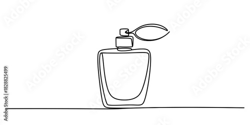 Continuous line art drawing of a vintage style perfume bottle with an elegant atomizer, symbolizing luxury, beauty, aroma, and refined scent product on white Vector, illustration