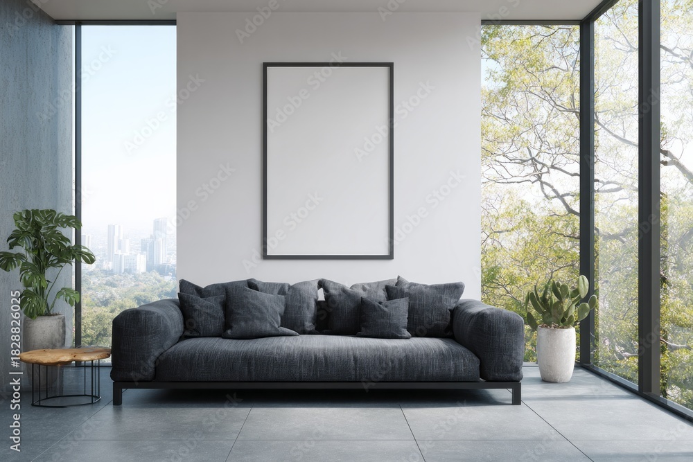 Fototapeta premium Modern living room with dark sofa and large windows overlooking city and trees.