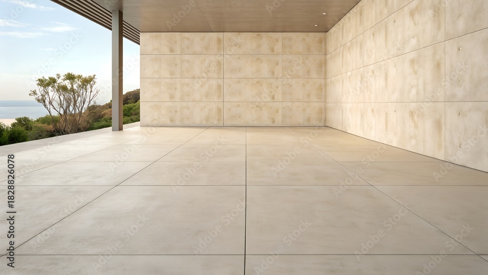 Naklejka premium Modern Open Concept Living Space With Ocean View Neutral Tones And Concrete Walls