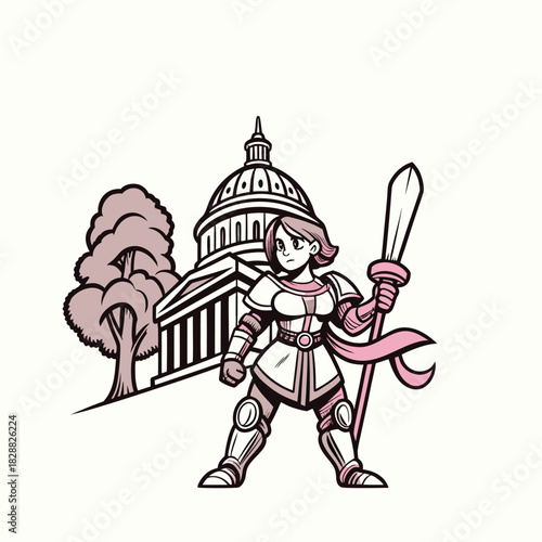 Vector cartoon drawing of a woman warrior knight holding a sword, a brave person playing the part of a player in art illustration