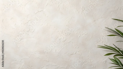 Textured Pale Beige Wall With Green Plant Leaves Corner Detail Natural Light