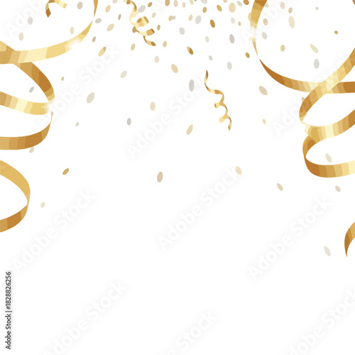 Golden ribbons and confetti scattered on a white background. Perfect for celebrations, parties, and festive decorations.