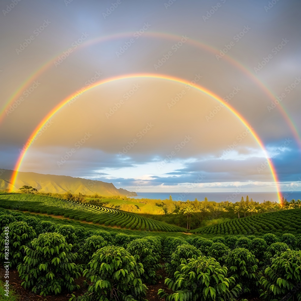 Fototapeta premium Rainbow Over Coffee Plantation Landscape.