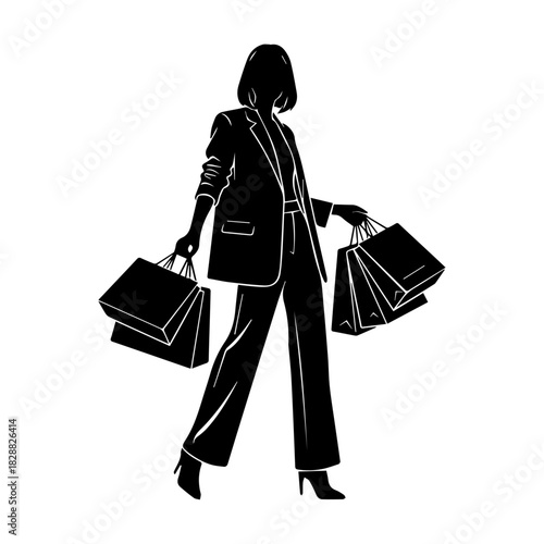A black silhouette of a stylish woman in a business suit carrying multiple shopping bags in both hands. Features white outline details on the clothing, high heels, and short bob haircut.