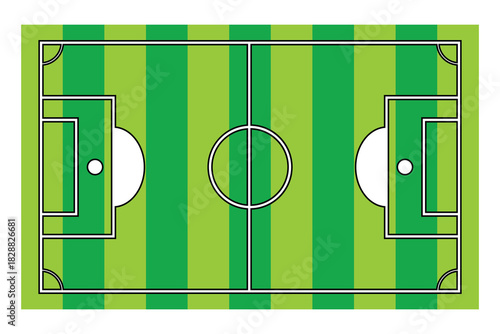 Top view illustration of a vibrant green soccer field with all standard markings, perfect for sports graphics