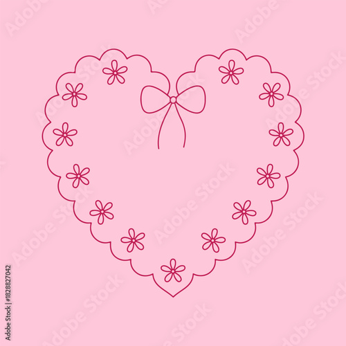 Heart-shaped floral design with decorative bow captured in vector illustration. Features delicate flowers adorning the lace-styled heart, exuding elegance and charm on a soft pink background.