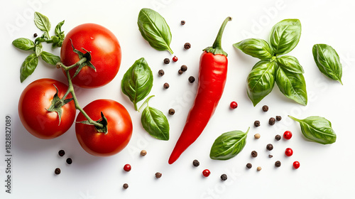 Fresh Vegetable and Herb Collection – Ripe Tomatoes, Basil Leaves, and Chili Pepper for Cooking Blogs and Healthy Recipes