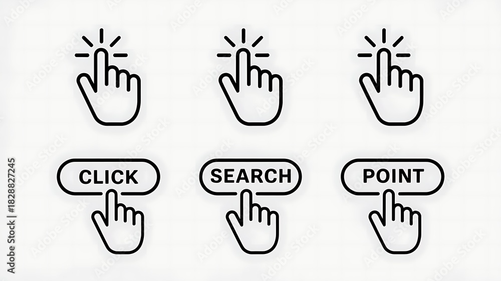 Fototapeta premium Set of three hand cursor icons with text labels for click search and point on a white background