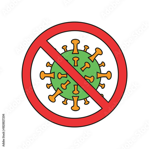 Stop virus concept icon with red prohibition sign over green virus particle illustration