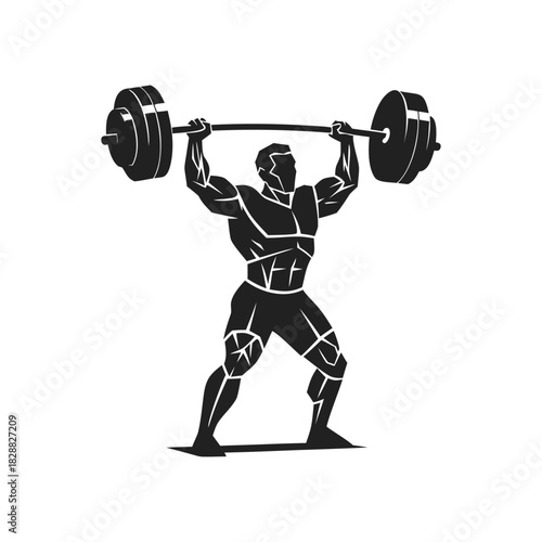 Muscular athlete performing an overhead press with a heavy barbell, showcasing power and fitness training