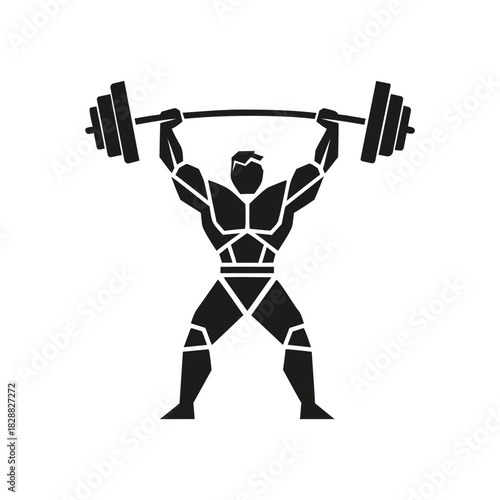 Stylized geometric weightlifter icon performing an overhead barbell press, symbolizing strength and fitness.