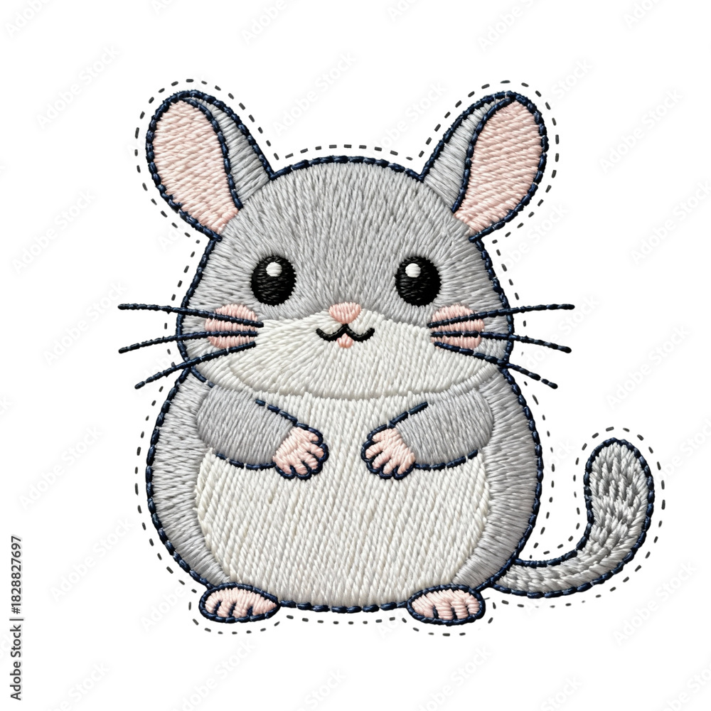 Obraz premium Cute Gray Mouse Character Embroidery with Whiskers and Big Eyes for Adorable Artwork