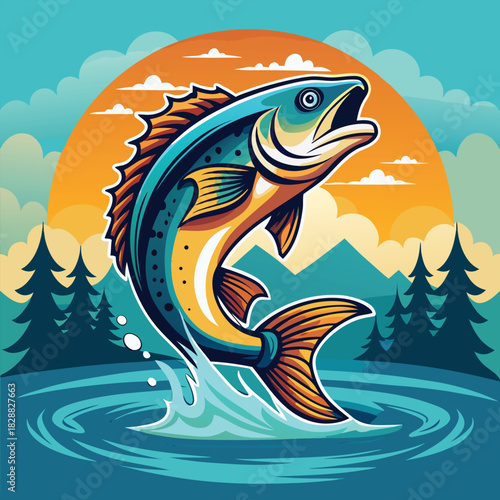 A blue ocean vector illustration showing a cartoon fish with a splash design pattern
