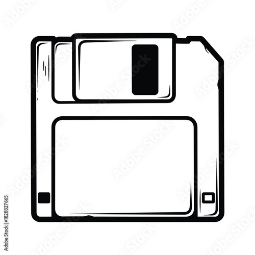 Black and white illustration of a vintage floppy disk, a classic data storage device from the past, isolated on