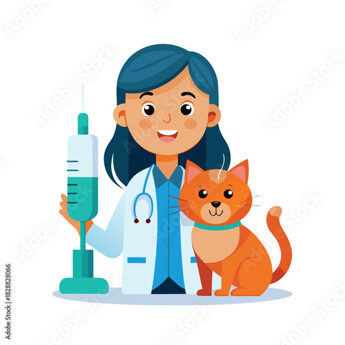 Cute cartoon kitten getting a vaccination from a veterinarian, perfect for a funny children's card design or vector illustration