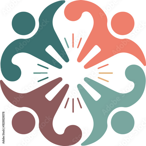 Six people vector icon forming a circular community with radiating lines symbolizing teamwork, unity, and connection.