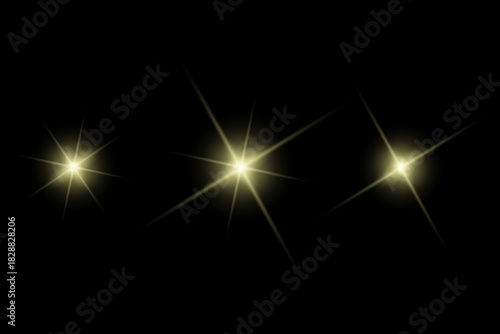 Golden sparkle lights, flashing lights, light effects, sunlight lens flare, glowing ray beams, sparkling starsicon on black background.