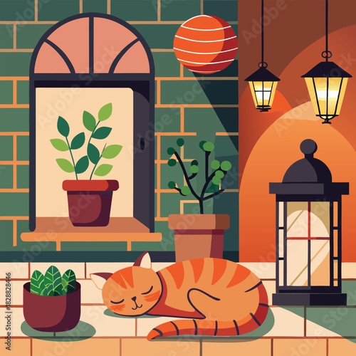 Cozy indoor scene: A cat rests on a wooden window sill with a potted plant and flowers in a bright, decorated living room