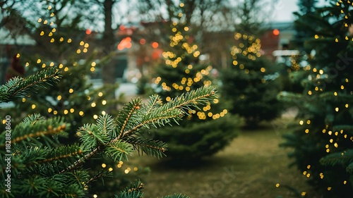 Softly lit evergreen christmas trees decorated with warm yellow lights in an outdoor lot