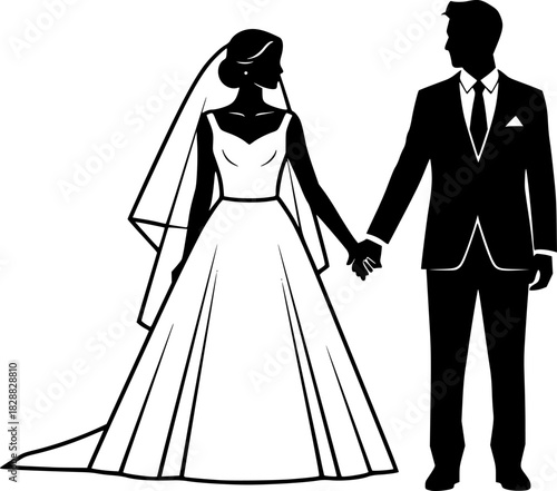 Elegant Silhouette of a Bride and Groom Holding Hands Perfect Wedding Illustration
