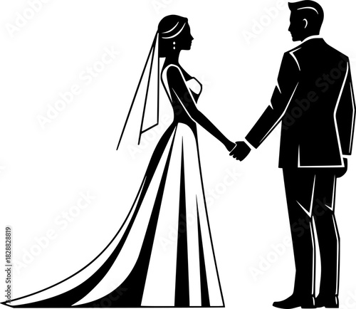 Elegant Silhouette of a Bride and Groom Holding Hands Perfect Wedding Illustration
