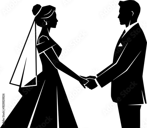 Elegant Silhouette of a Bride and Groom Holding Hands Perfect Wedding Illustration
