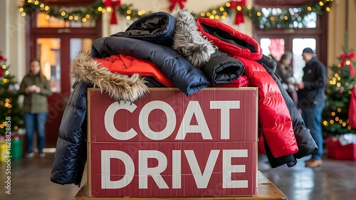 Generous community coat drive collection box overflowing with warm winter jackets during holiday season celebration