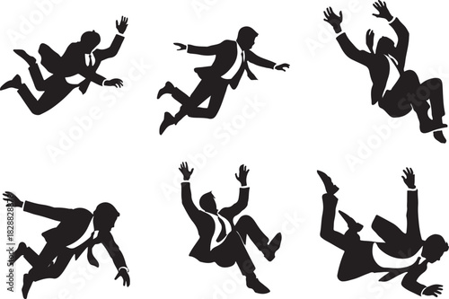 Black silhouette of businessmen in suits falling, symbolizing a business crisis, economic collapse, or loss of control and failure.