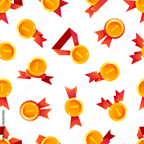 Seamless pattern of awards featuring gold medals and ribbons on a white background. The design includes various medal shapes and sizes, emphasizing achievement.